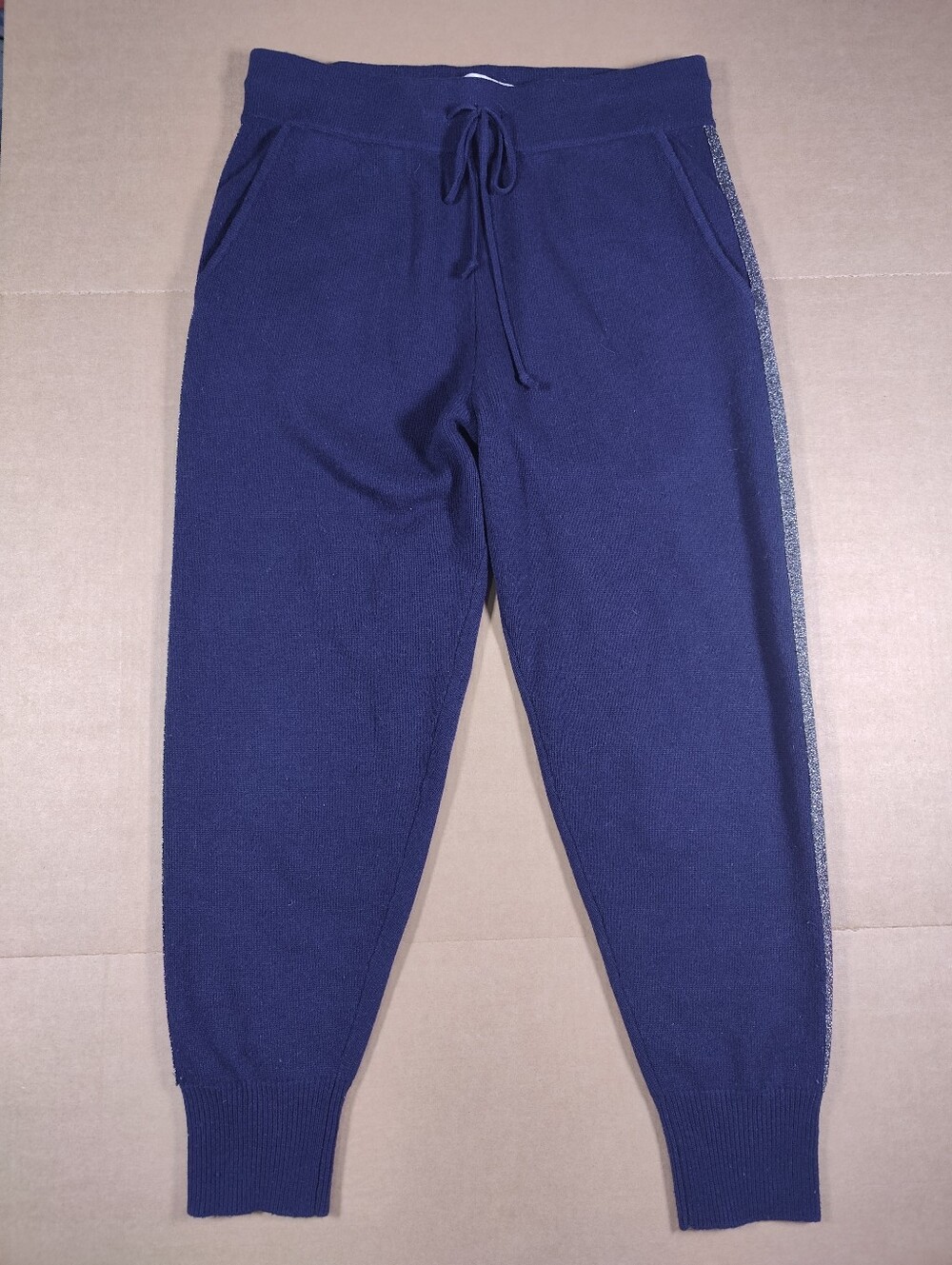 Derek Lam 10 Crosby Navy Wool Cashmere Jogger Sweatpants Metallic Side Stripe L